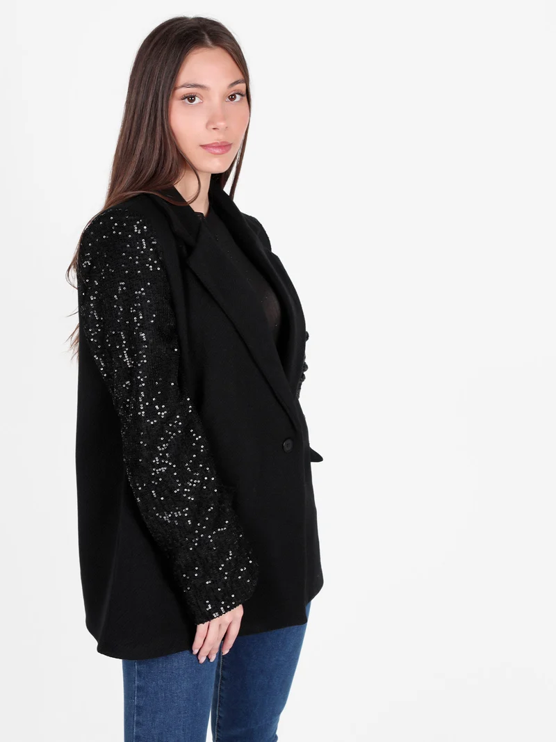 Blazer donna oversize con maniche di paillettes - nero