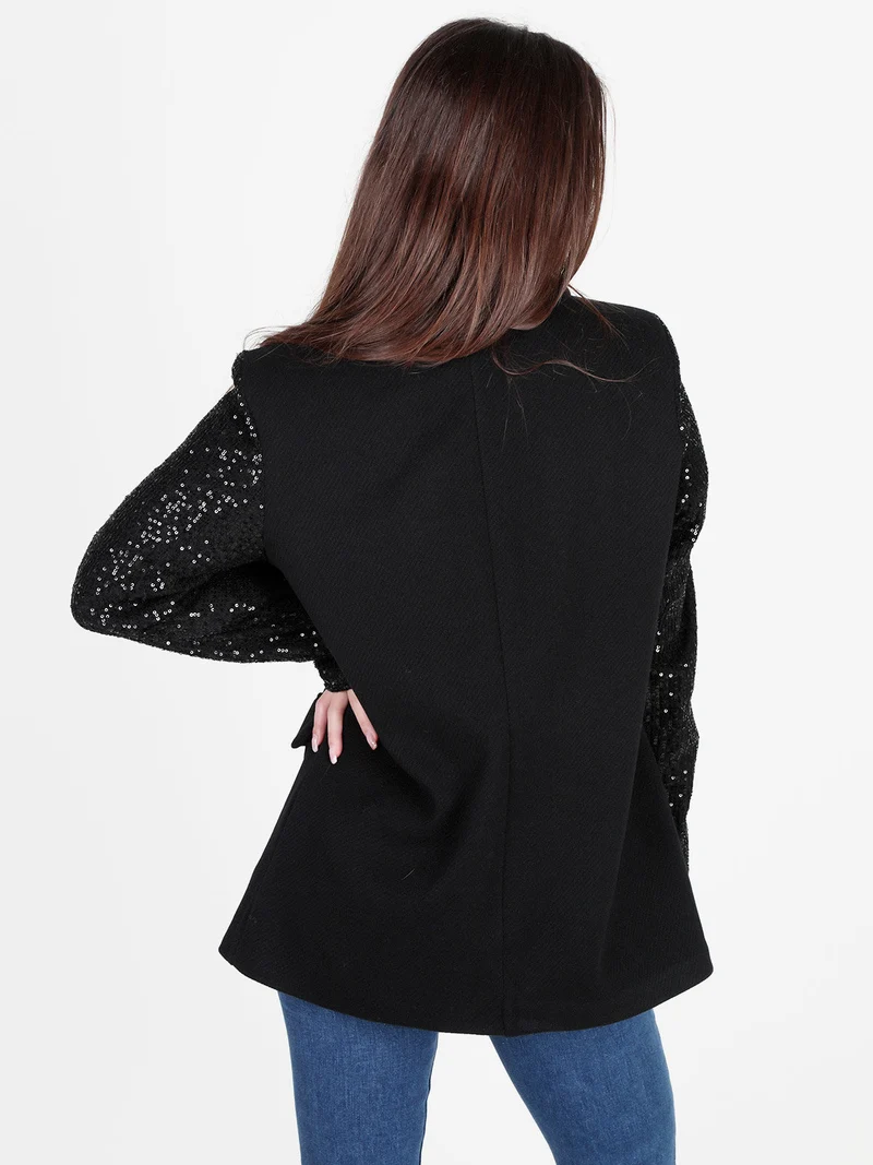 Blazer donna oversize con maniche di paillettes - nero