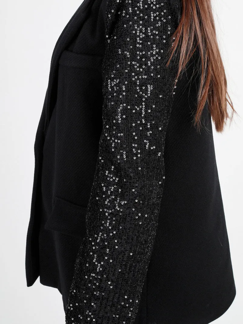 Blazer donna oversize con maniche di paillettes - nero