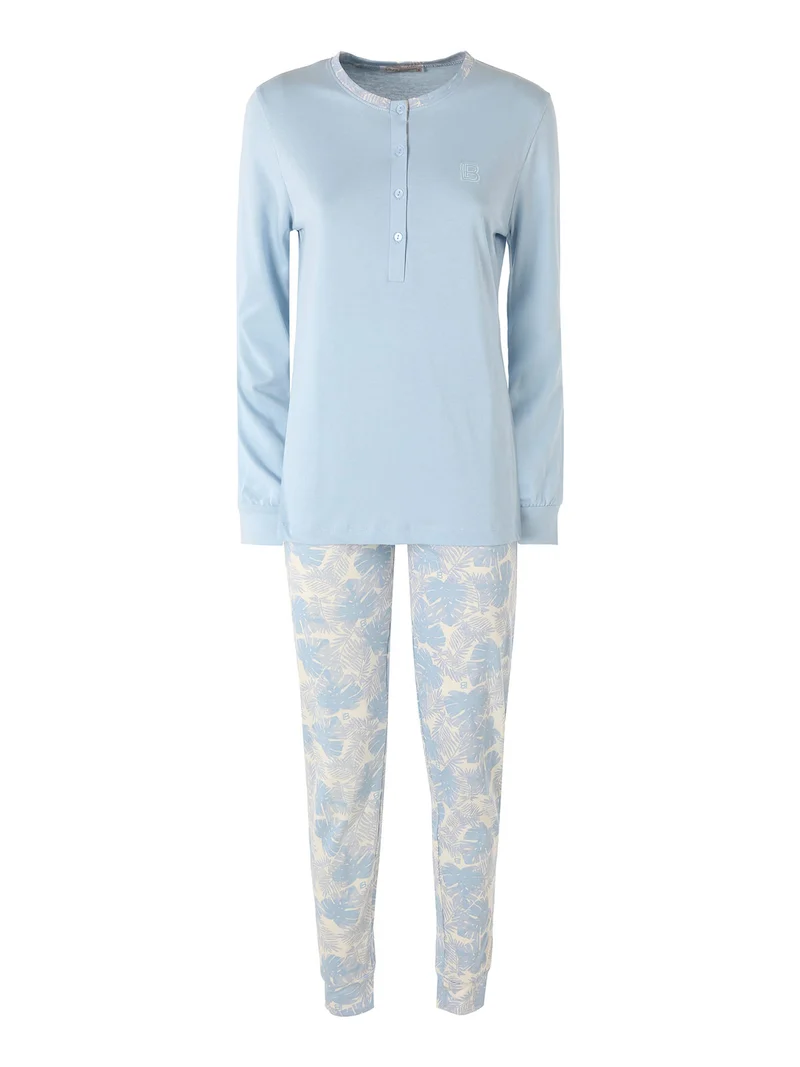 Pigiama lungo da donna in cotone naturale con pantaloni floreali - azzurro