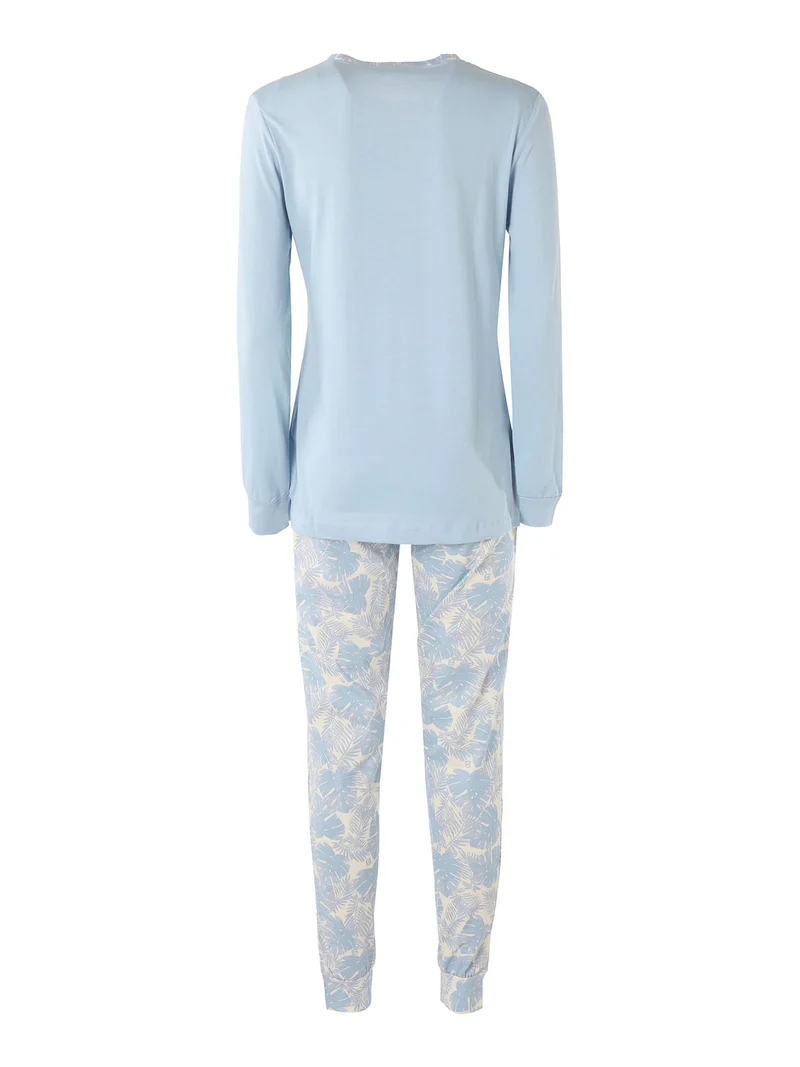 Pigiama lungo da donna in cotone naturale con pantaloni floreali - azzurro