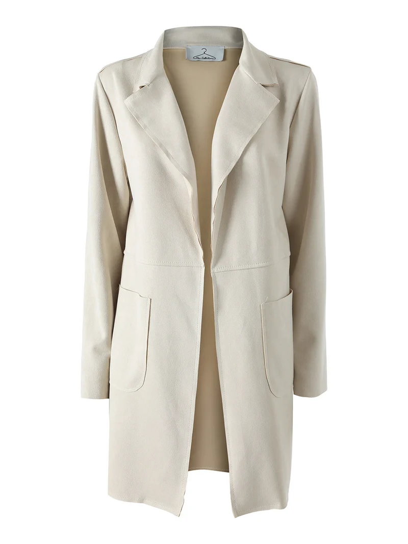 Blazer donna lungo in tessuto scamosciato senza chiusura - beige