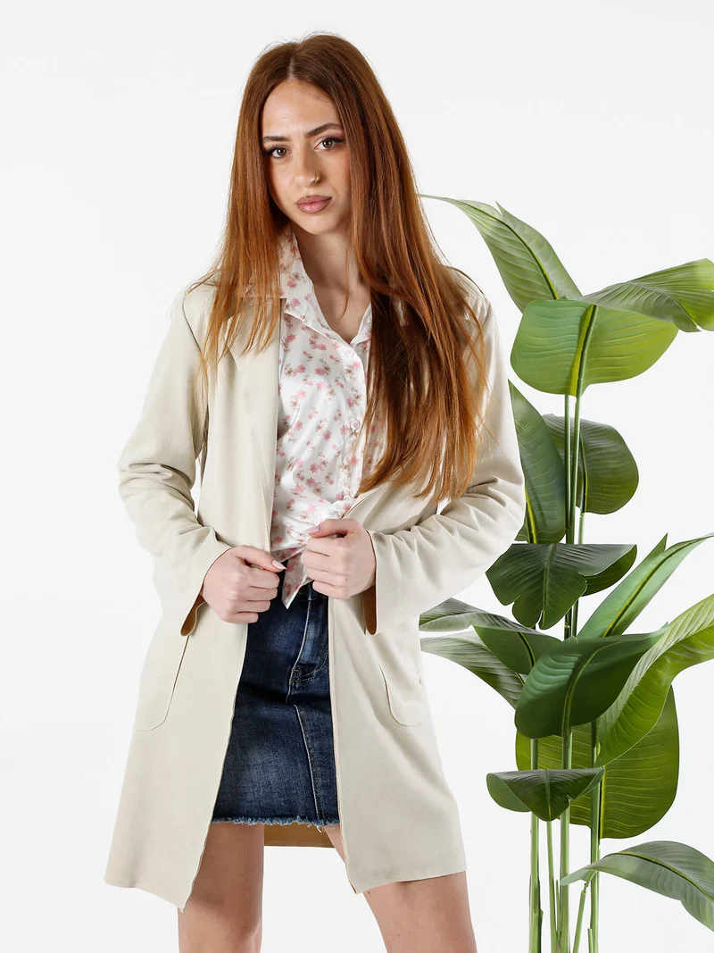 Blazer donna lungo in tessuto scamosciato senza chiusura - beige