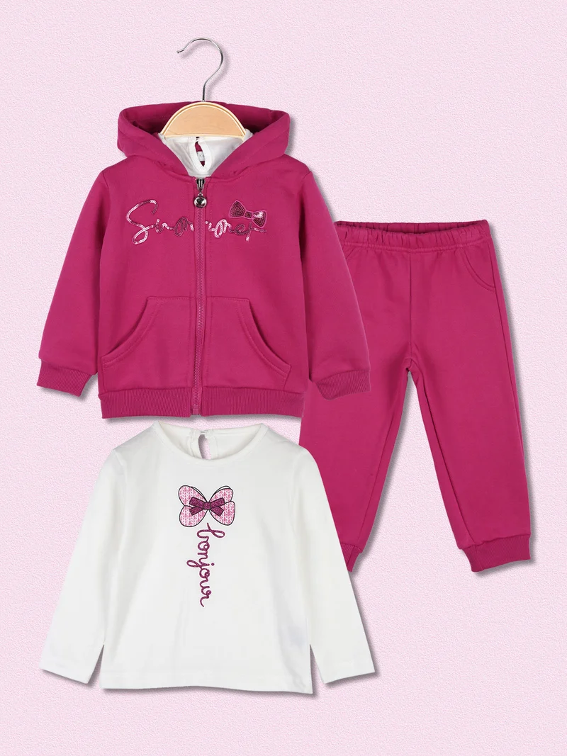 Completo 3 pezzi da neonata con cappuccio e zip - fucsia