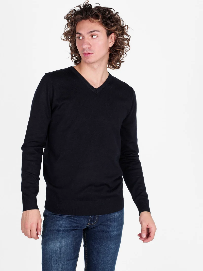 Pullover da uomo in maglia con scollo a V - blu scuro