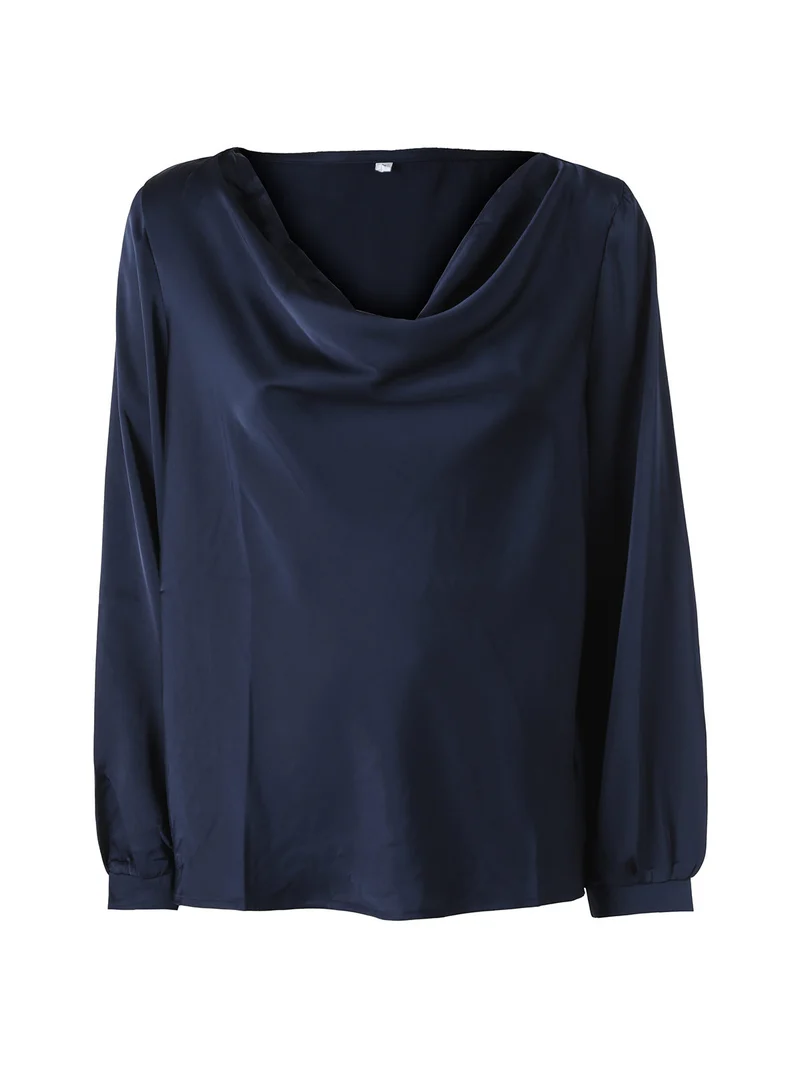 Blusa donna a maniche lunghe in tessuto simil raso con scollo a cascata - blu scuro