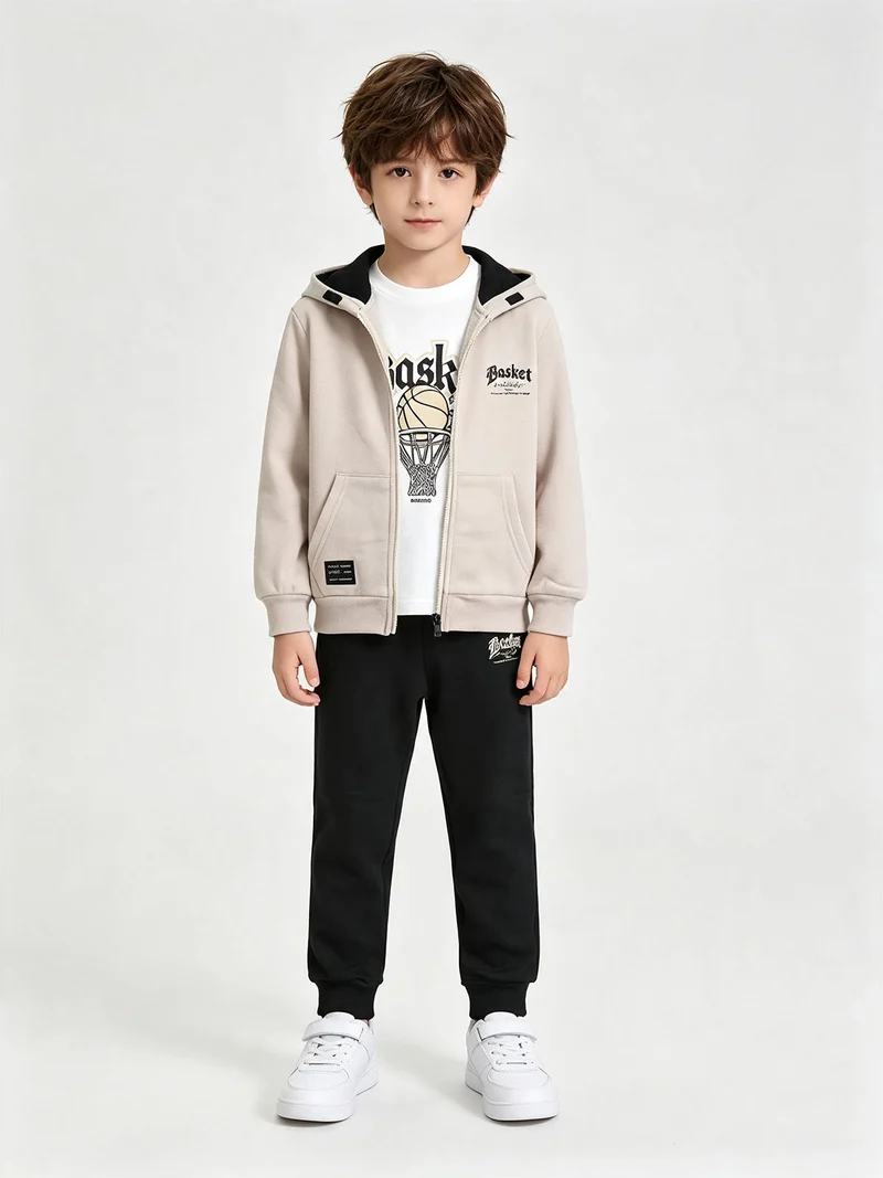 Completo tuta 3 pezzi da bambino full zip con cappuccio e interno felpato - beige