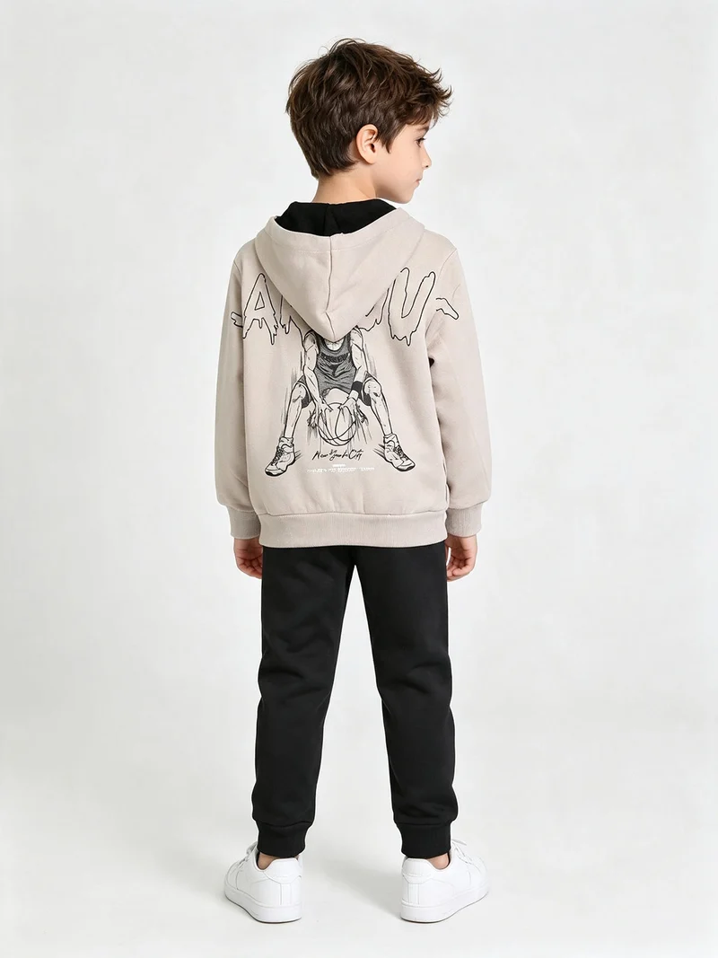 Completo tuta 3 pezzi da bambino full zip con cappuccio e interno felpato - beige