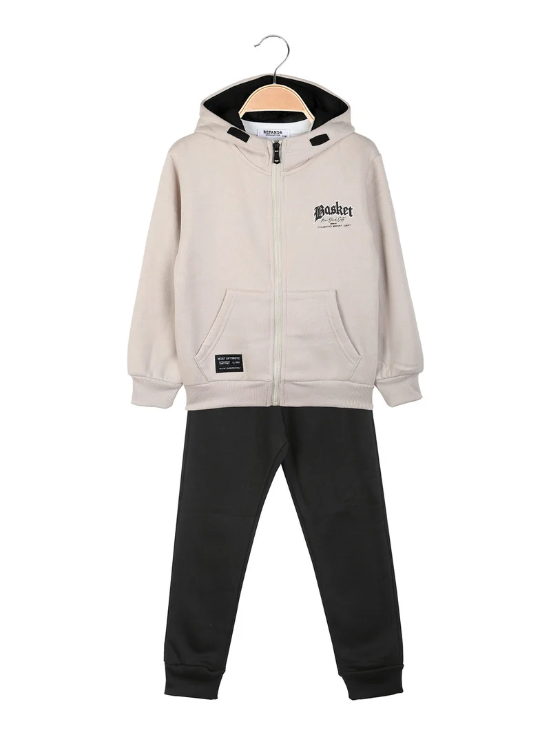 Completo tuta 3 pezzi da bambino full zip con cappuccio e interno felpato - beige