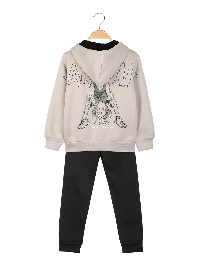 Completo tuta 3 pezzi da bambino full zip con cappuccio e interno felpato - beige