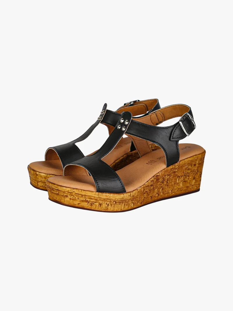 Sandali donna con zeppa e plateau e dettaglio borchie - nero