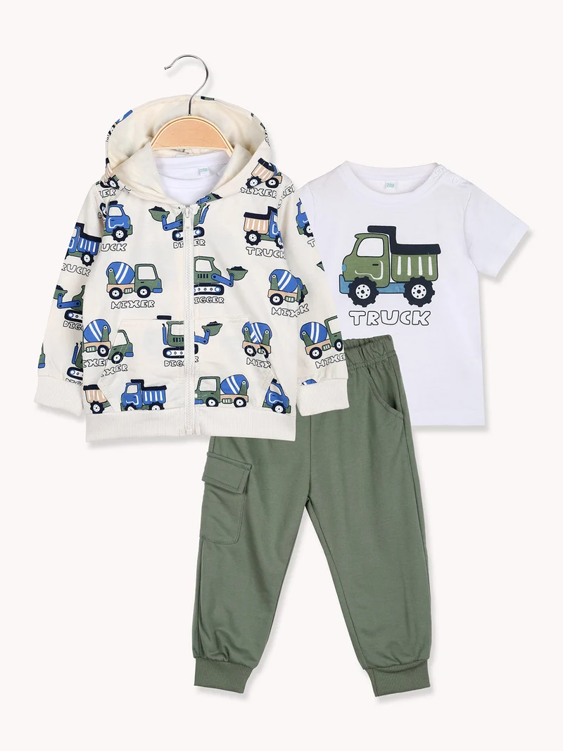 Completo 3 pezzi da neonato con cappuccio e zip - beige