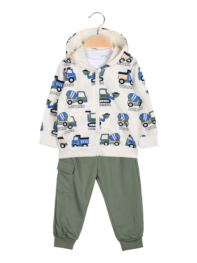 Completo 3 pezzi da neonato con cappuccio e zip - beige