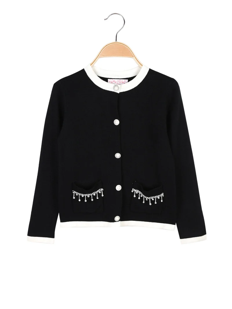 Cardigan da bambina in maglia con bottoni gioiello e taschini - nero