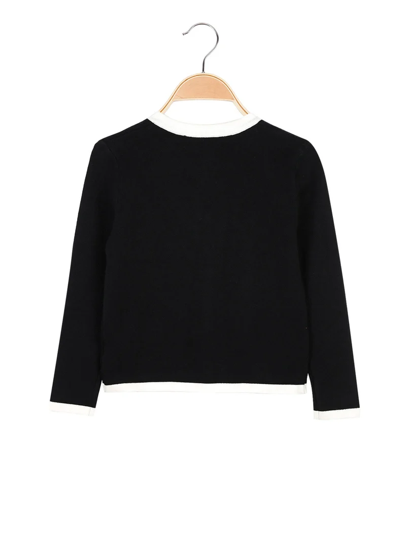 Cardigan da bambina in maglia con bottoni gioiello e taschini - nero