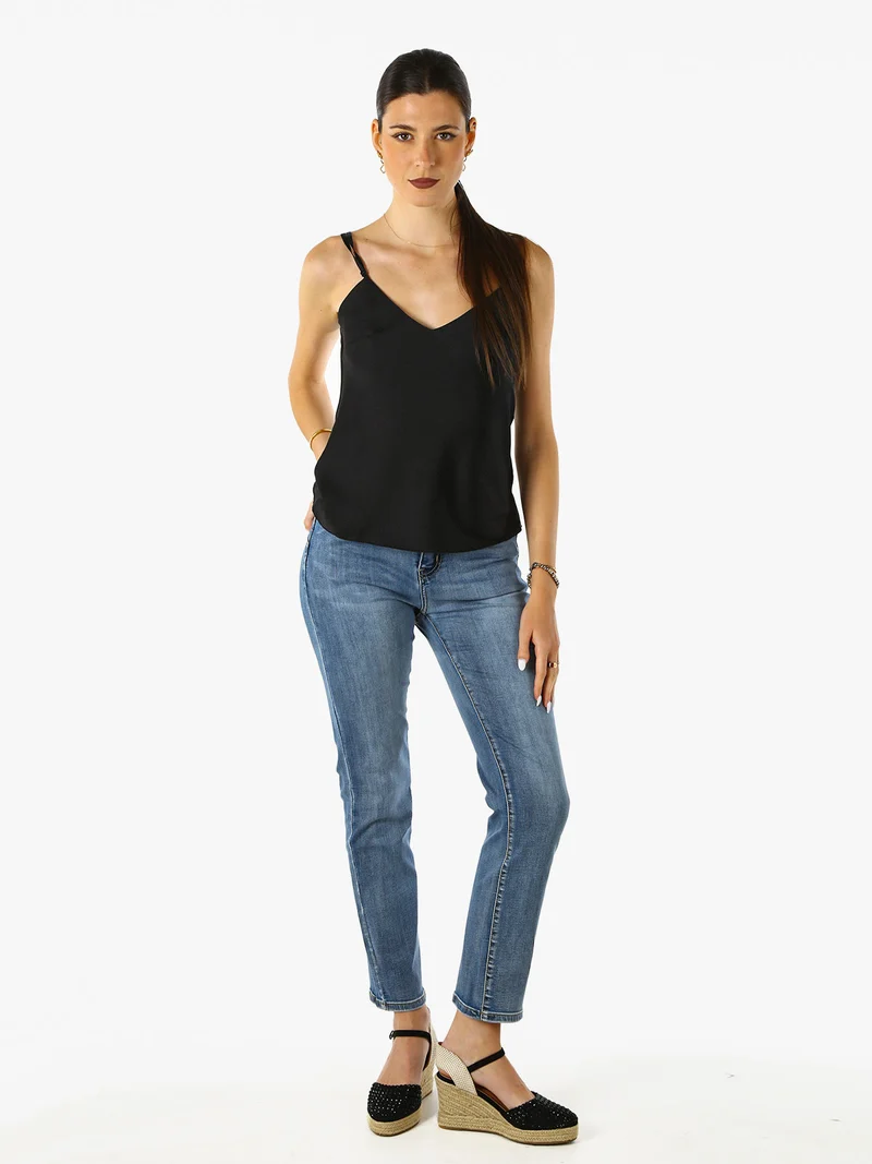 Top donna effetto raso con scollo a V davanti e dietro - nero