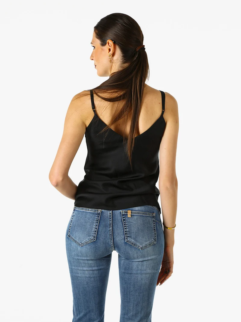 Top donna effetto raso con scollo a V davanti e dietro - nero