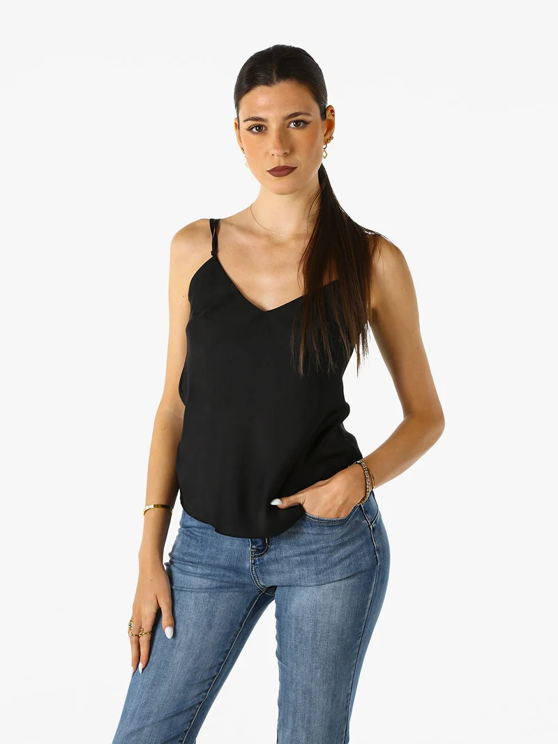 Top donna effetto raso con scollo a V davanti e dietro - nero