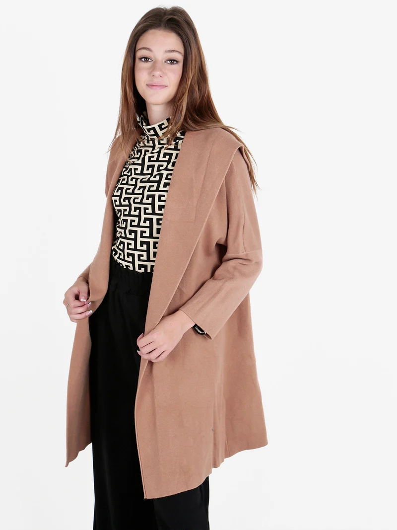 Cardigan in maglia da donna con cappuccio - tabacco
