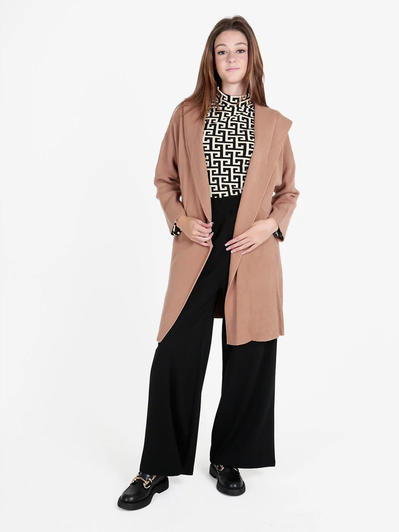 Cardigan in maglia da donna con cappuccio - tabacco