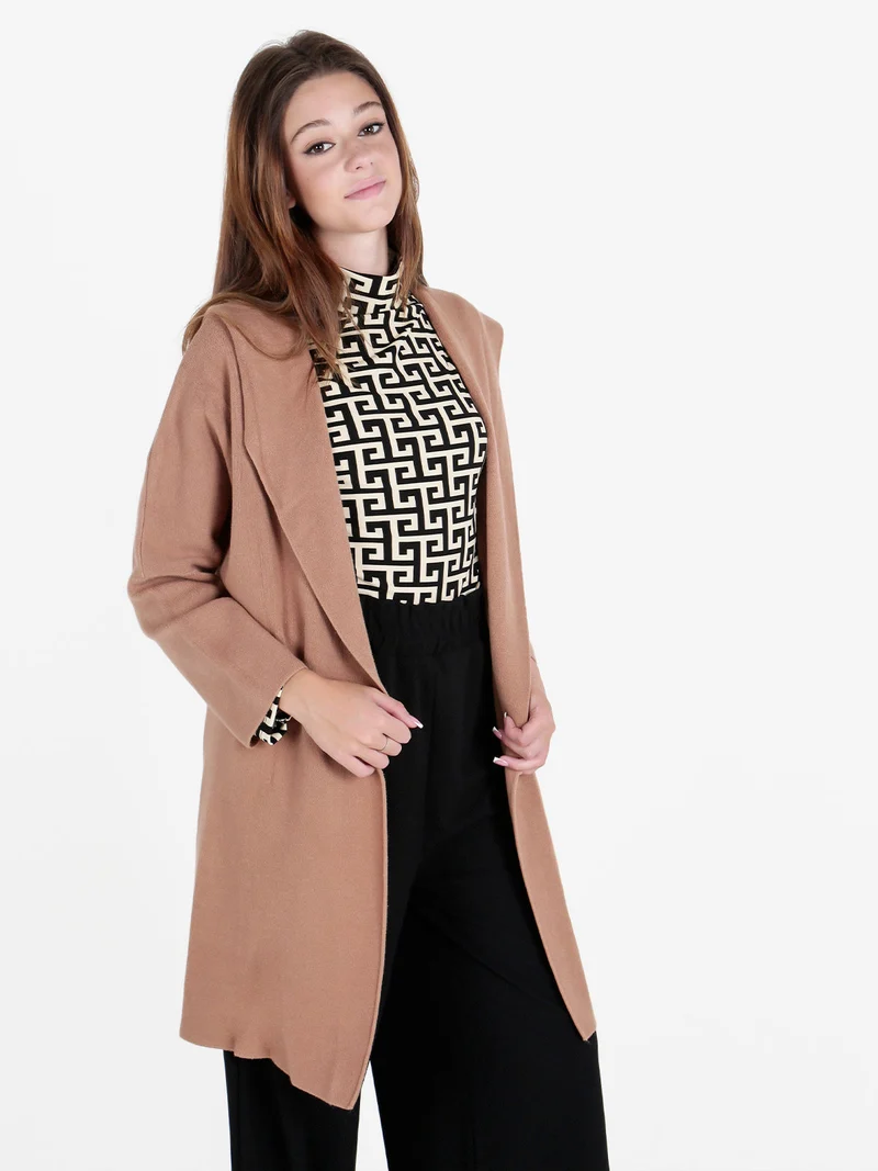 Cardigan in maglia da donna con cappuccio - tabacco