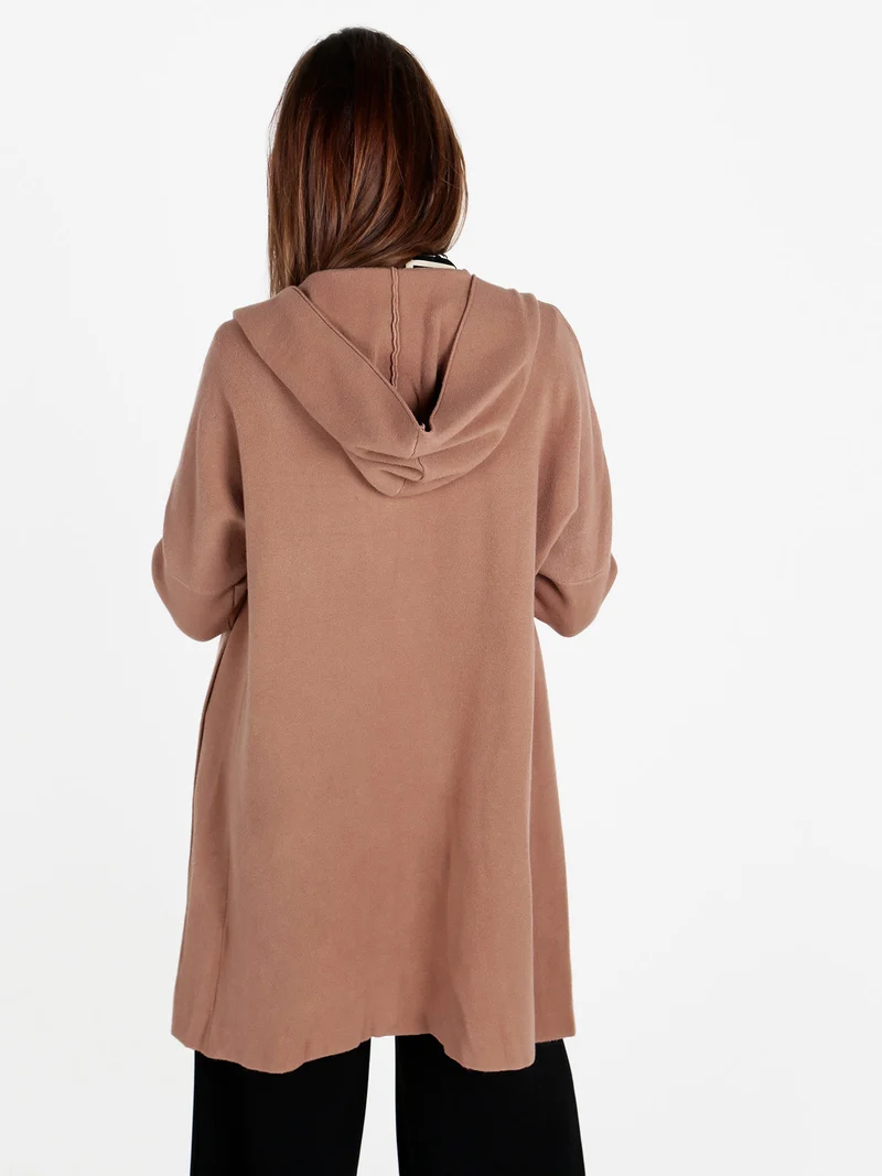 Cardigan in maglia da donna con cappuccio - tabacco