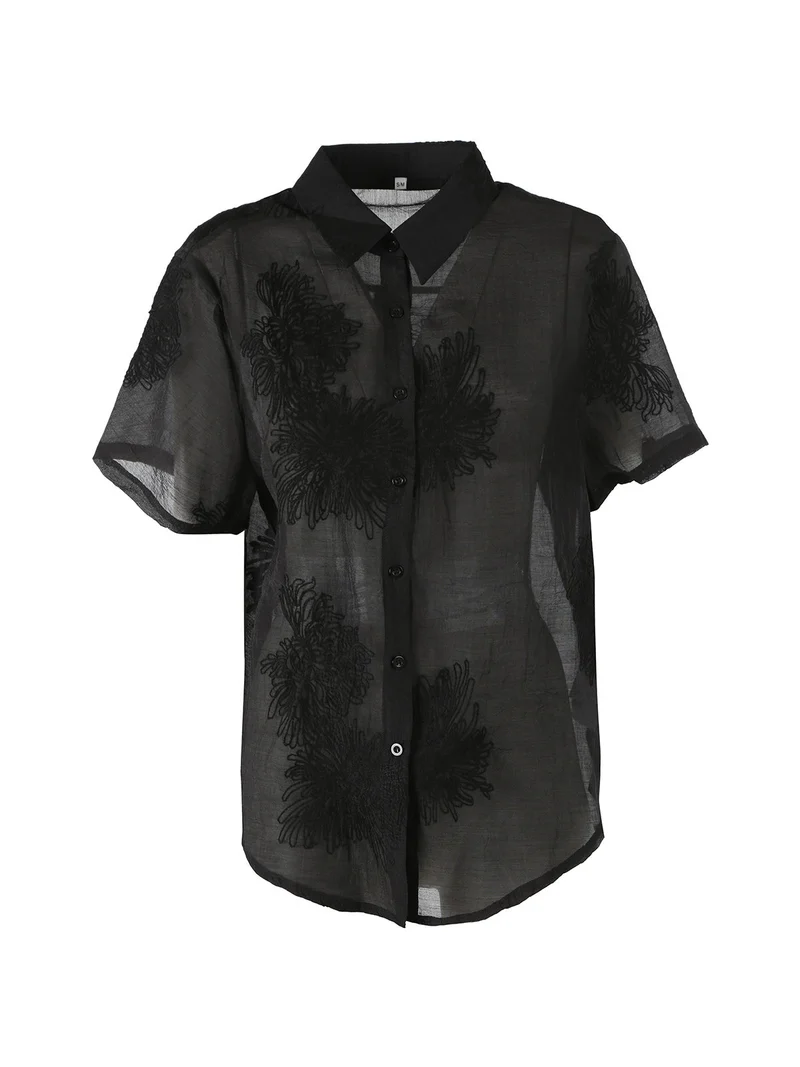 Camicia da donna a maniche corte con ricami - nero