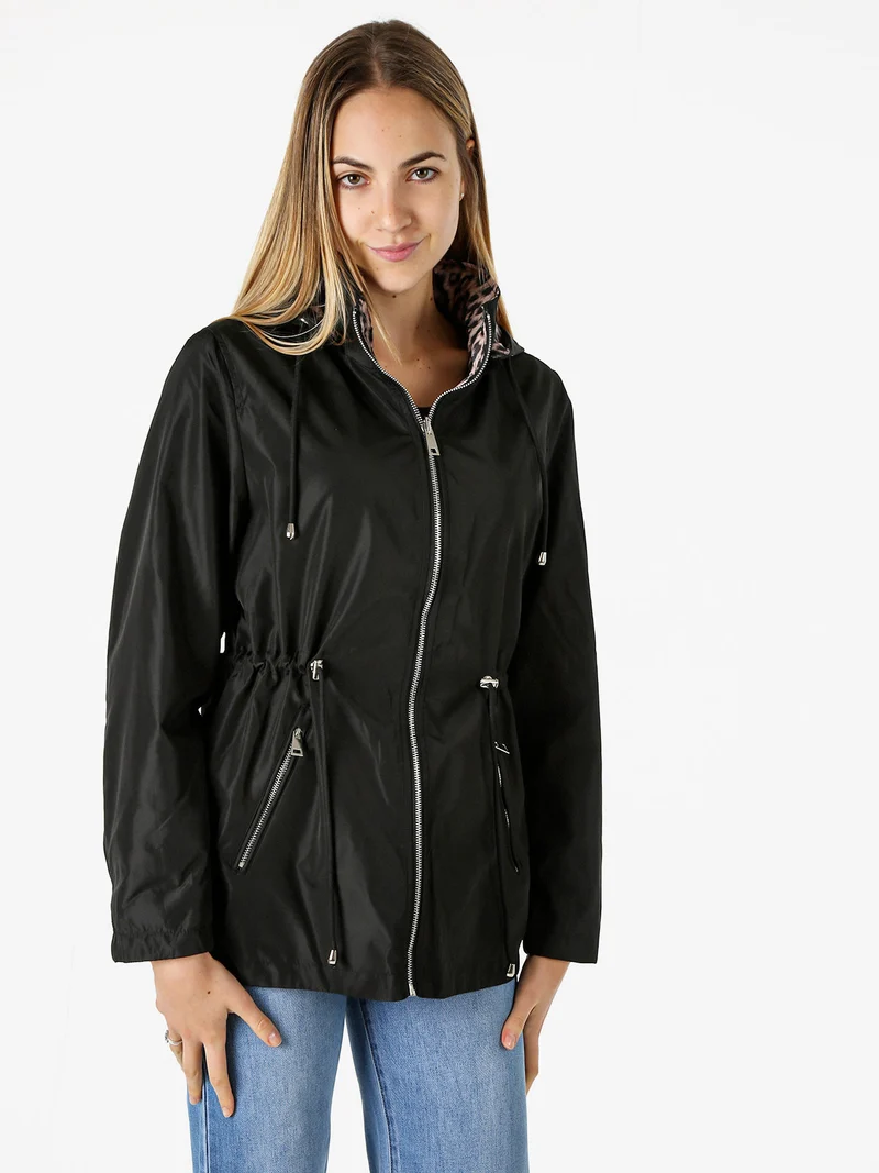 Giacca leggera da donna reversibile con cappuccio e zip - nero