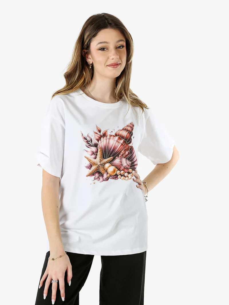 T-shirt donna oversize in cotone con stampa e strass - rosa