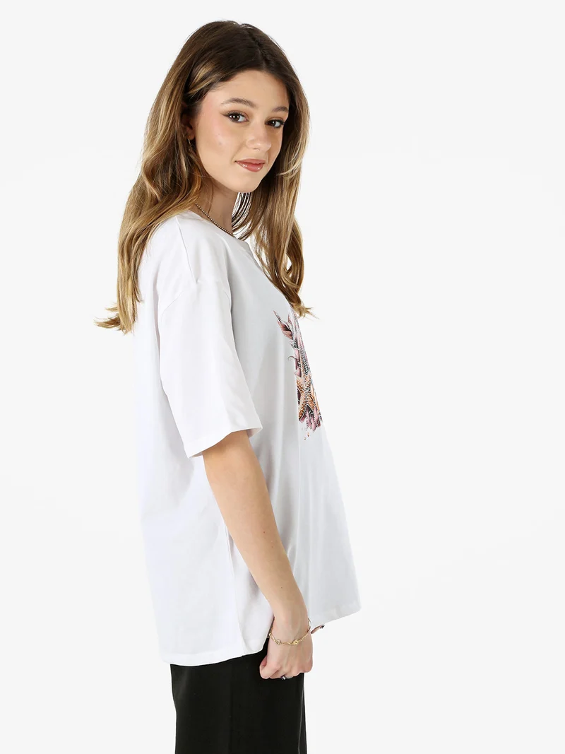 T-shirt donna oversize in cotone con stampa e strass - rosa