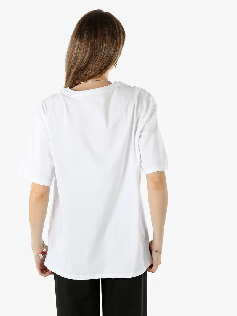T-shirt donna oversize in cotone con stampa e strass - rosa