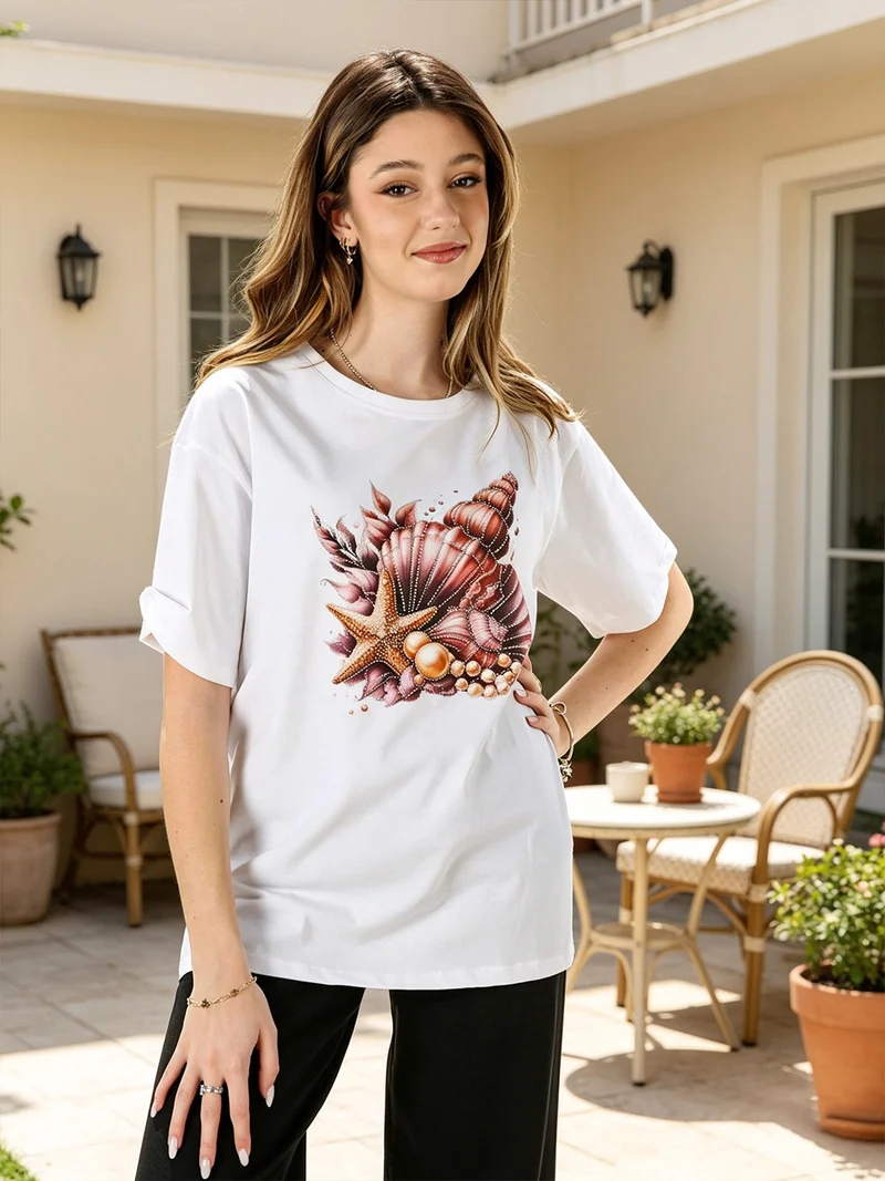 T-shirt donna oversize in cotone con stampa e strass - rosa