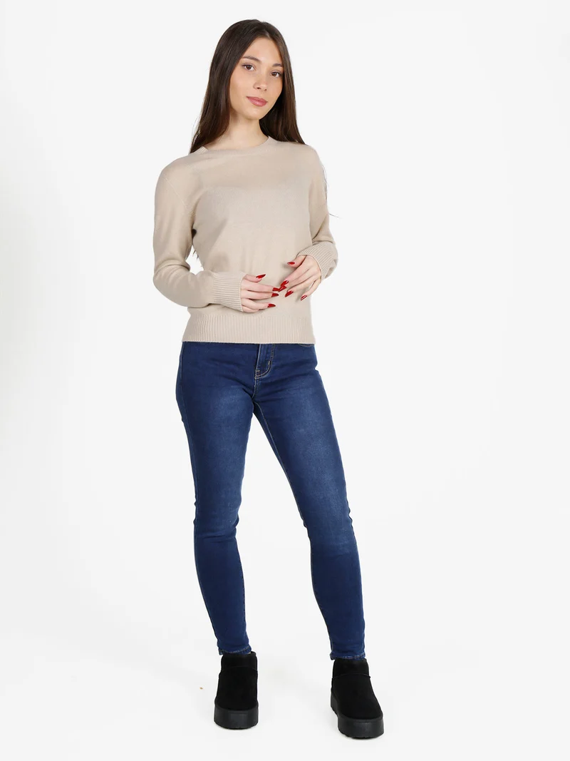 Maglione girocollo da donna in misto lana e cashemere - khaki
