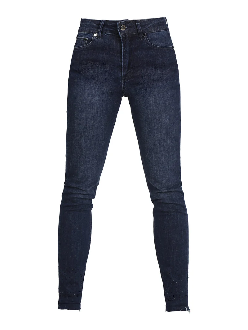 Jeans donna slim fit con strass sul finale e cucitura taglio laser - jeans