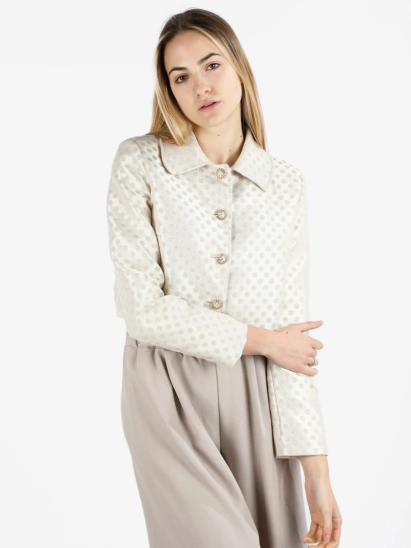 Giacca donna corta con bottoni gioiello - beige