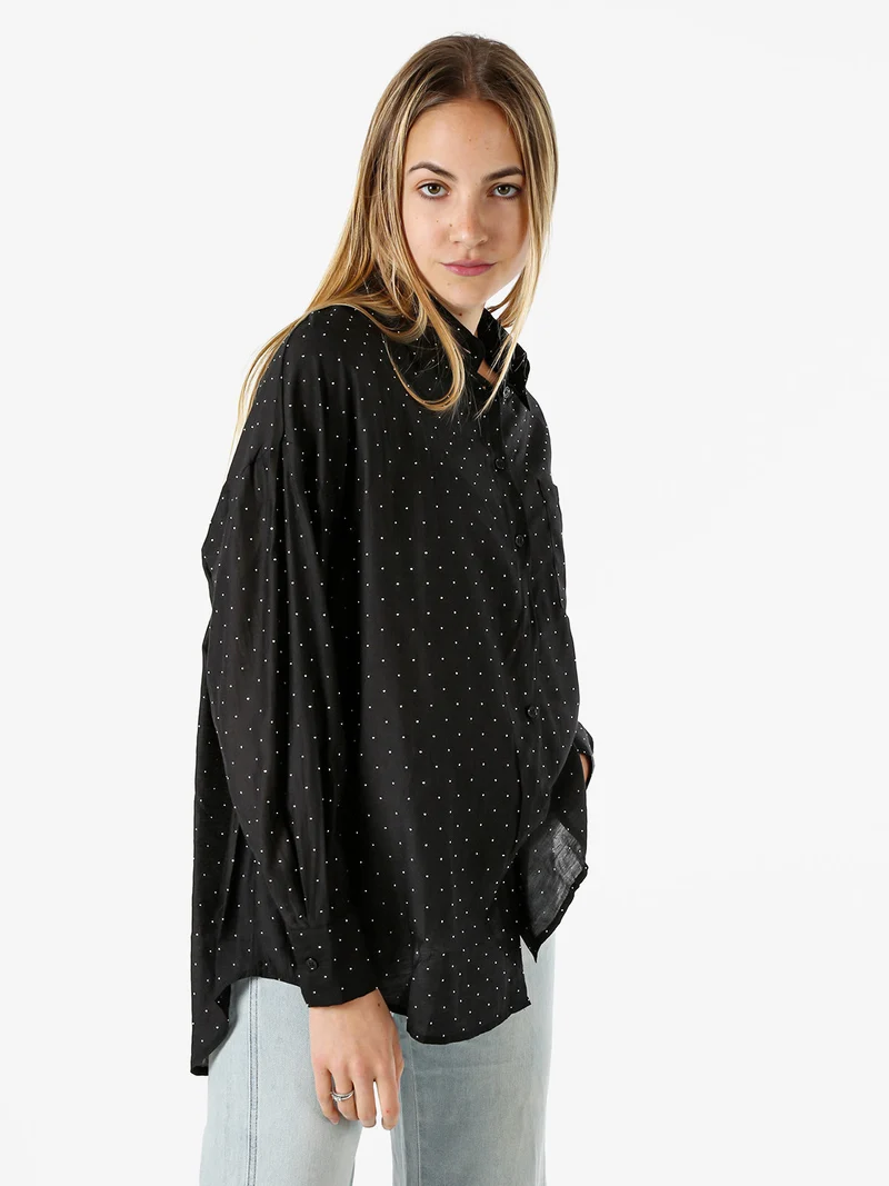 Camicia donna oversize a maniche lunghe con micro borchie - nero