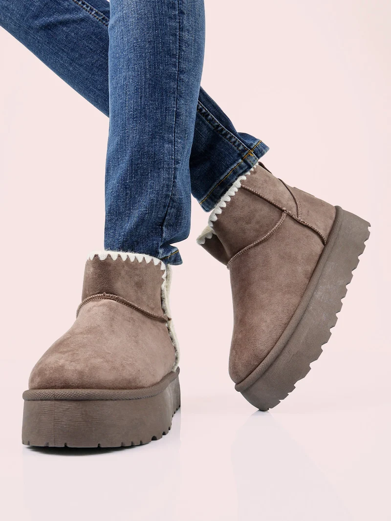 Stivaletti donna scamosciati con platform e fodera in ecopelliccia - taupe