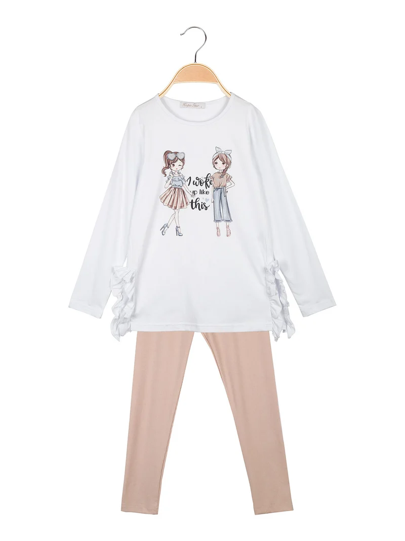 Completo 2 pezzi da bambina con leggings a costine - bianco