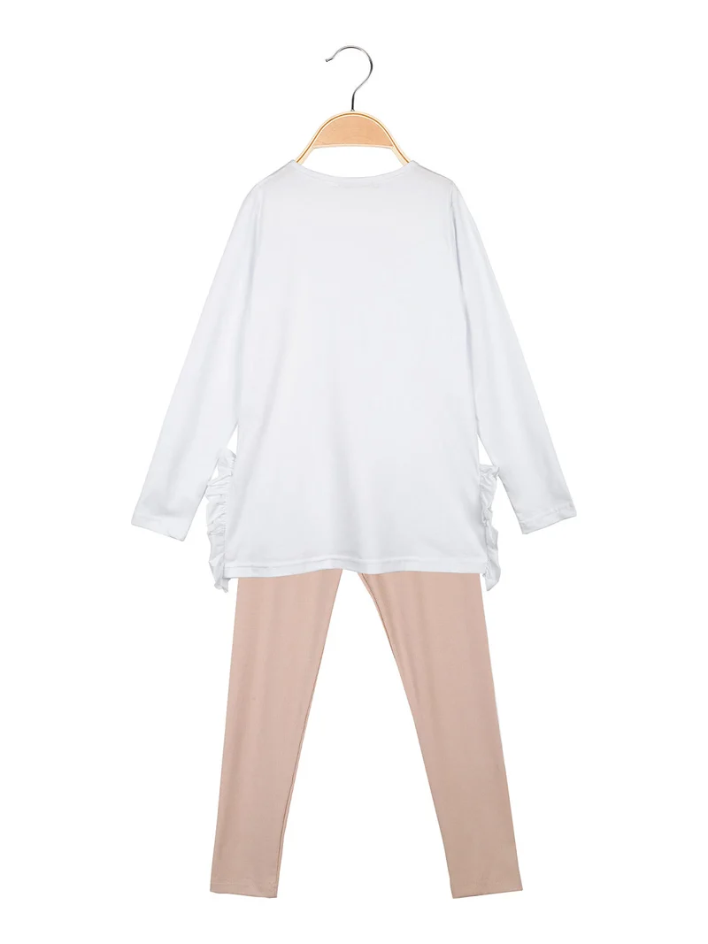 Completo 2 pezzi da bambina con leggings a costine - bianco