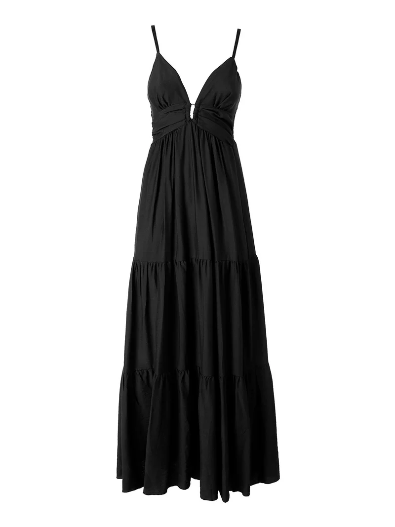 Abito lungo da donna con scollo a cuore e spalline sottili - nero