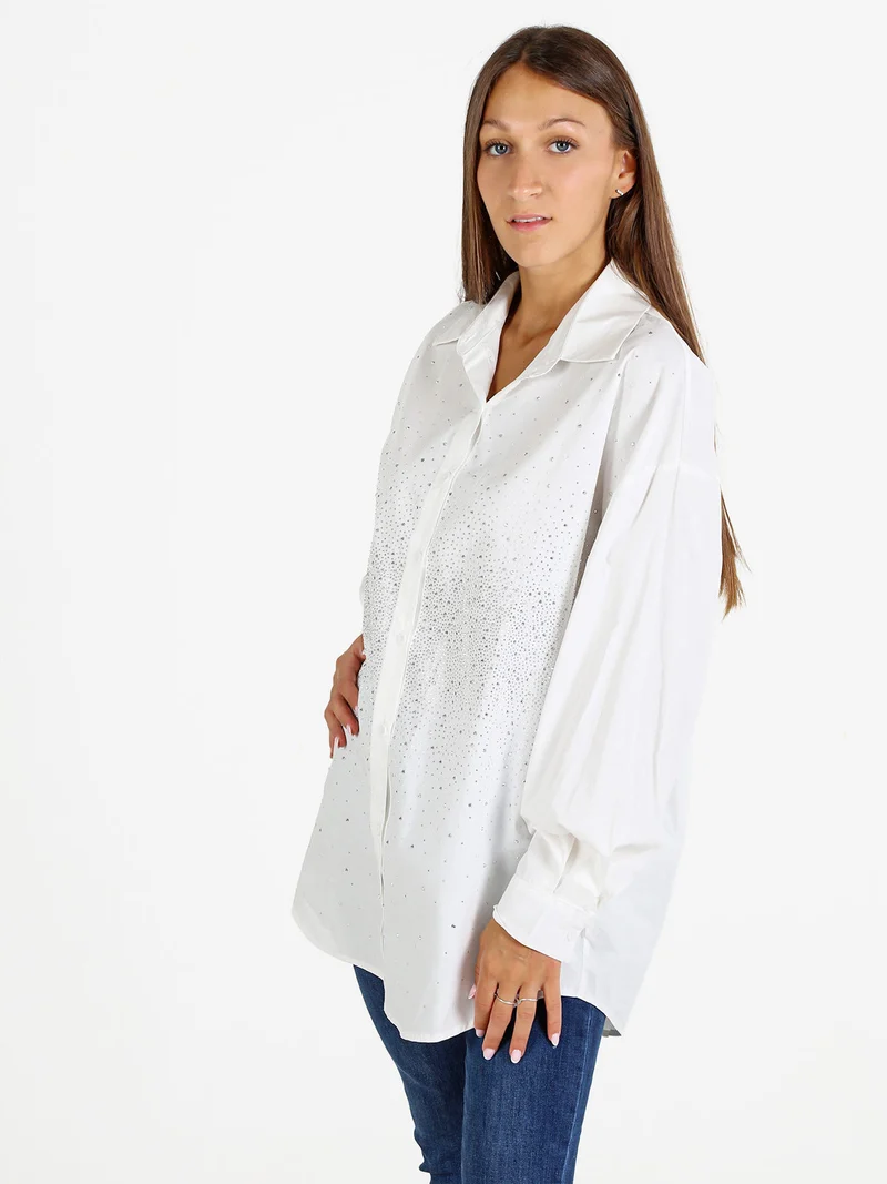 Camicia donna oversize con strass a maniche lunghe - bianco