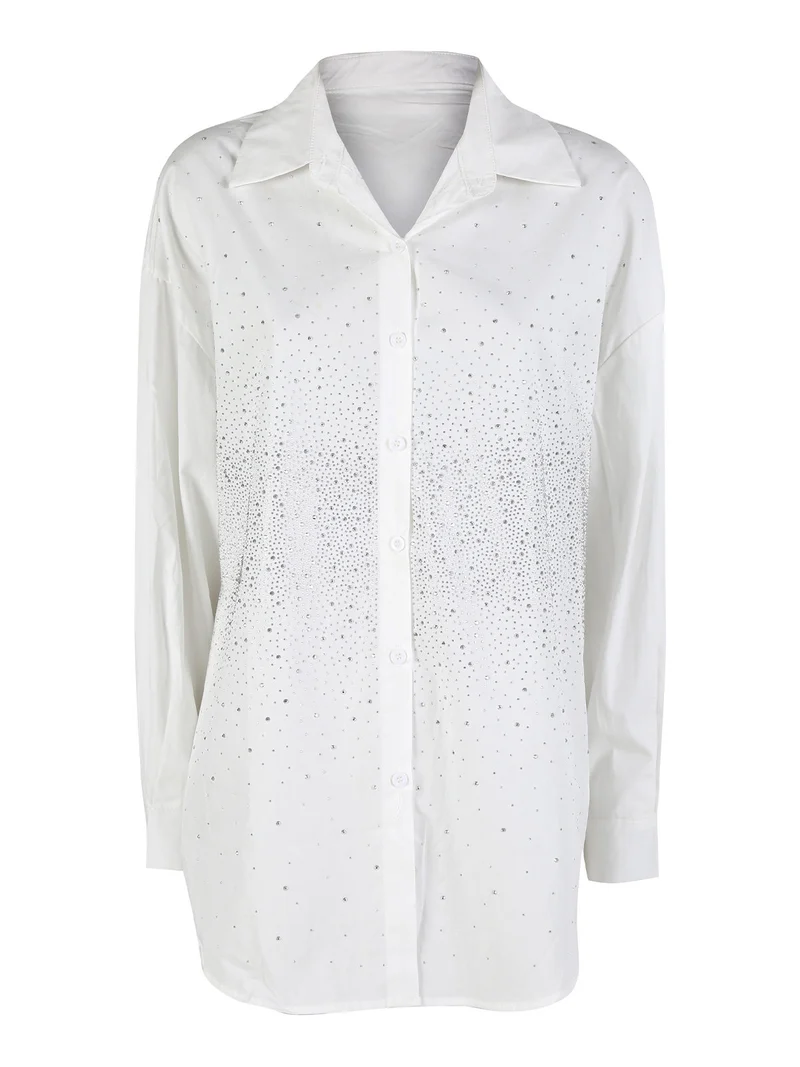 Camicia donna oversize con strass a maniche lunghe - bianco