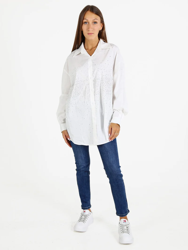 Camicia donna oversize con strass a maniche lunghe - bianco