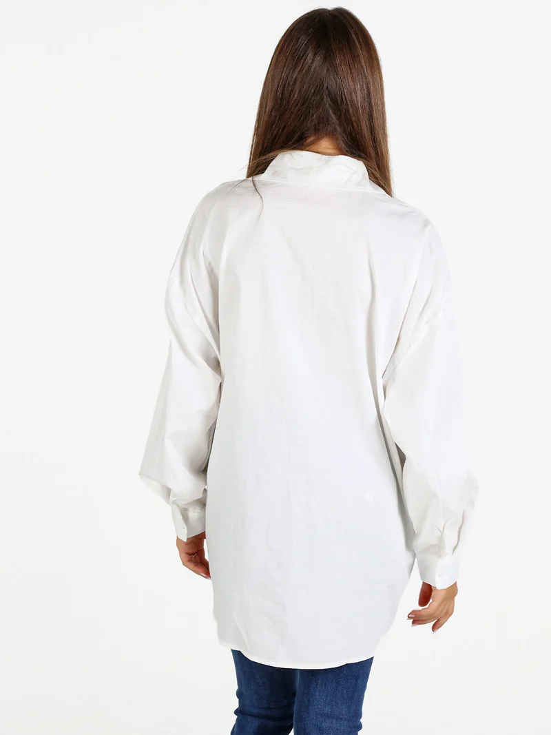 Camicia donna oversize con strass a maniche lunghe - bianco