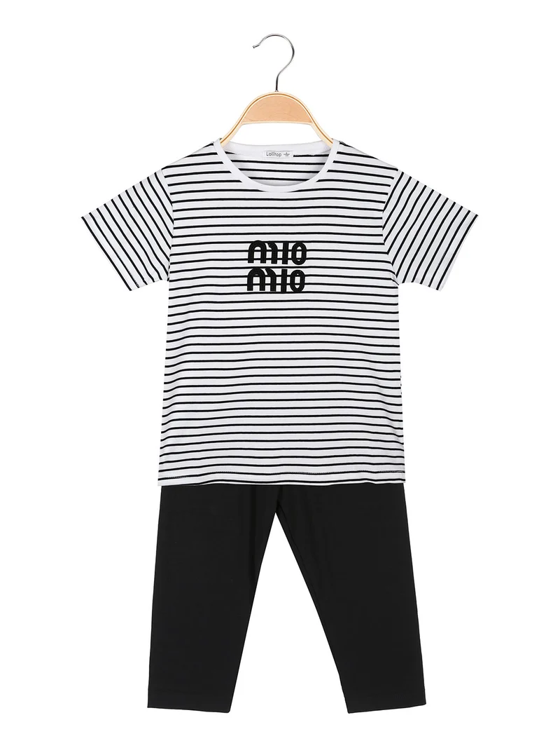 Completo da ragazza con t-shirt rigata e leggings a pinocchietto - nero