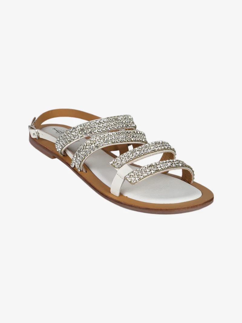 Sandali donna in pelle con strass e cinturino alla caviglia - bianco
