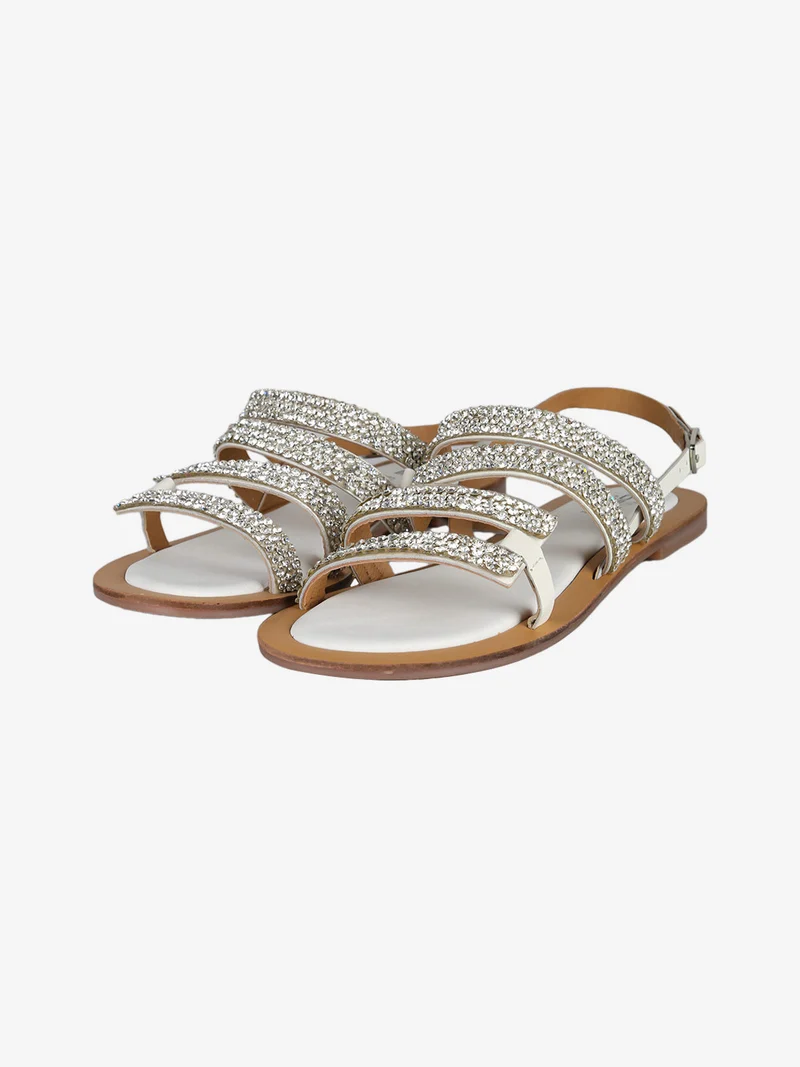 Sandali donna in pelle con strass e cinturino alla caviglia - bianco
