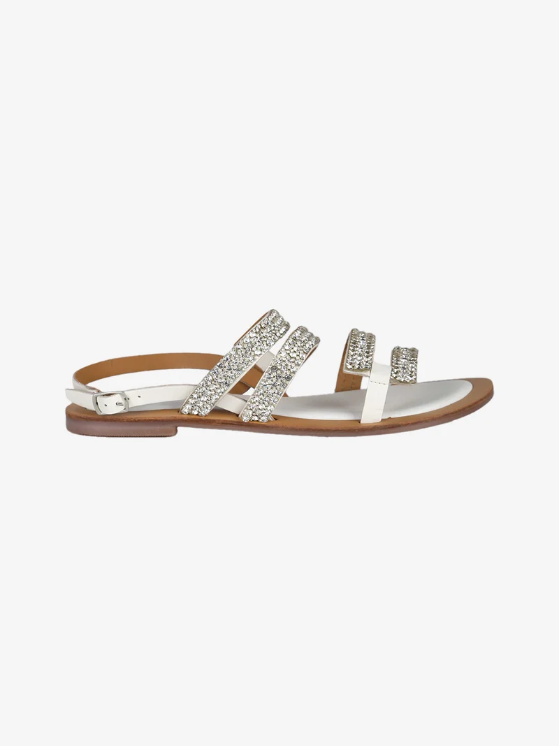 Sandali donna in pelle con strass e cinturino alla caviglia - bianco