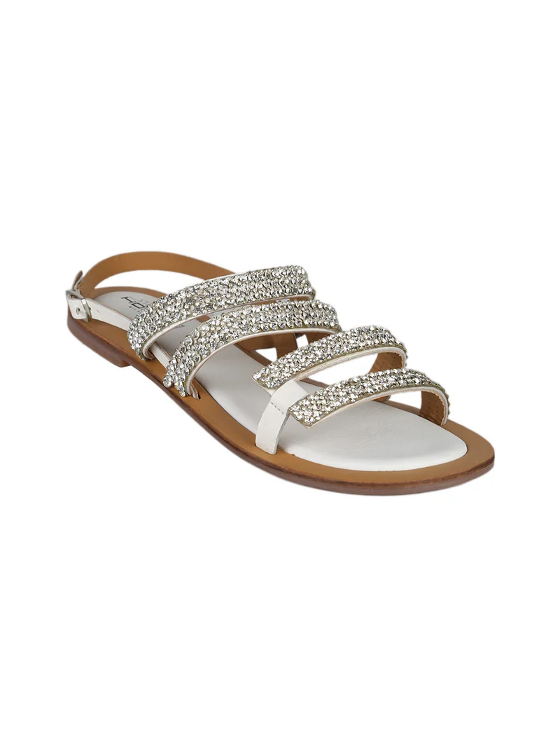 Sandali donna in pelle con strass e cinturino alla caviglia - bianco