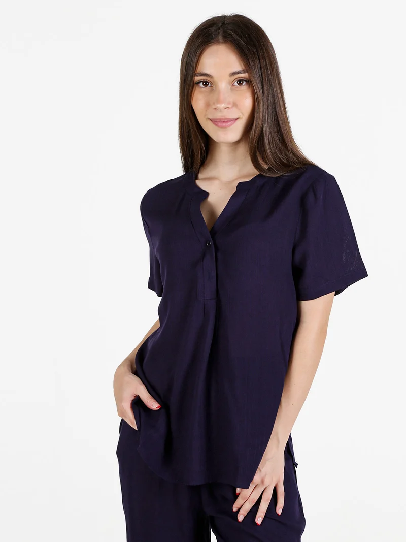 Blusa donna a maniche corte in viscosa - blu scuro